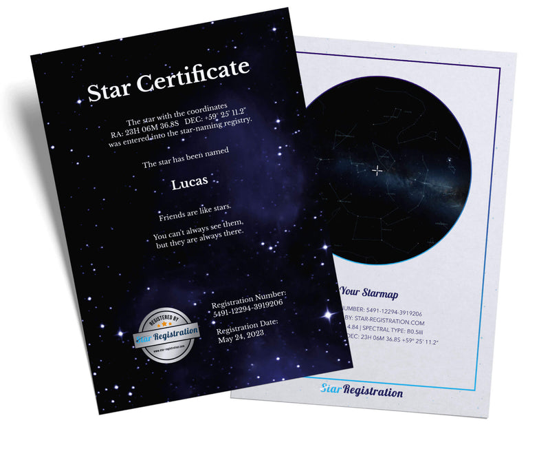 Certificate & Star map for the named star